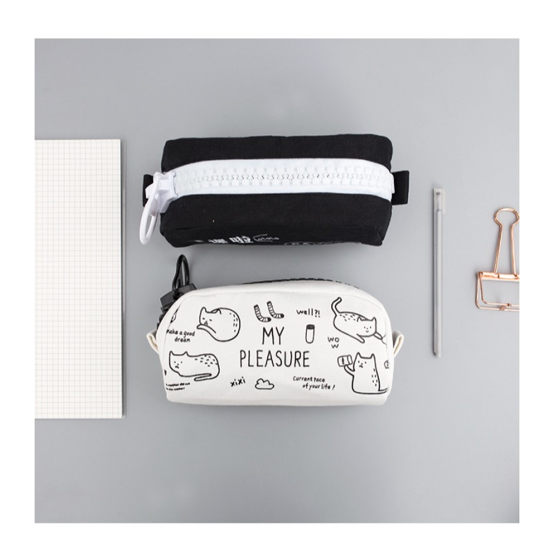 筆袋 鉛筆盒 大拉鍊玩酷貓咪帆布筆袋 慵懶貓咪 黑與白大容量 可放60支筆-細節圖3
