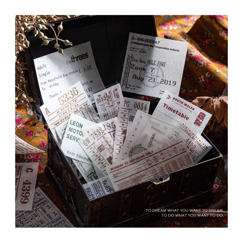 貼紙 手帳貼紙 和紙貼紙 復古風格票據貼紙包 車票 月曆 電影票 每包100枚 圖案張張不一樣-細節圖2