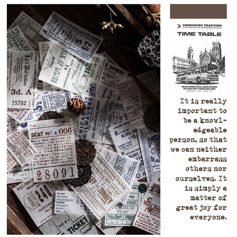 貼紙 手帳貼紙 和紙貼紙 復古風格票據貼紙包 車票 月曆 電影票 每包100枚 圖案張張不一樣-細節圖5