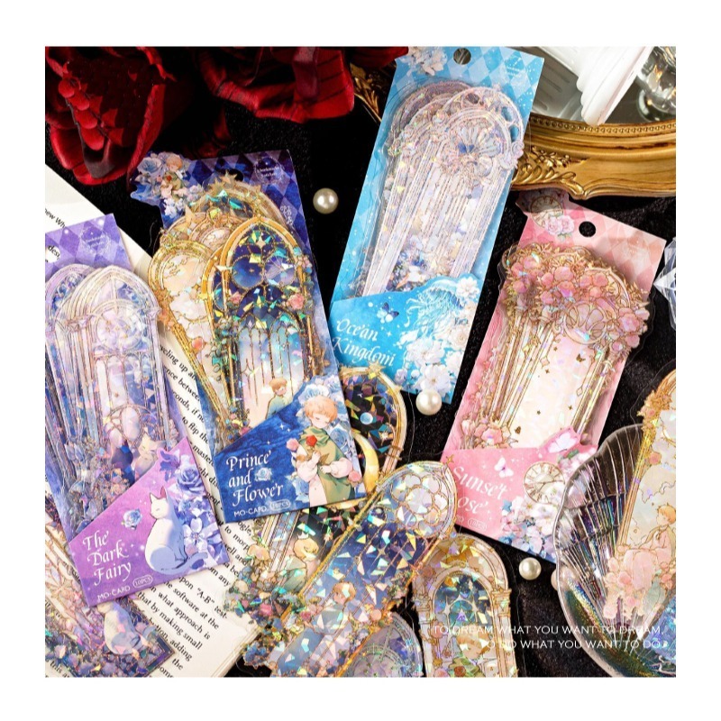 書籤 貼紙 浪漫星河書籤貼紙組 冰晶 貝殼光 燙金 燙銀 鯨魚 貓咪 玫瑰-細節圖2