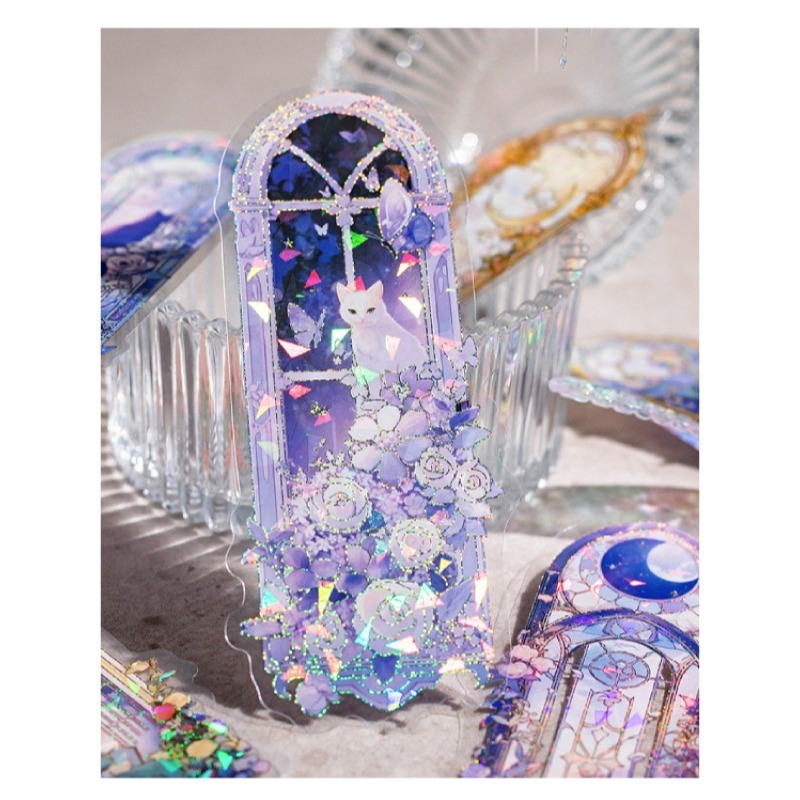 書籤 貼紙 浪漫星河書籤貼紙組 冰晶 貝殼光 燙金 燙銀 鯨魚 貓咪 玫瑰-細節圖4