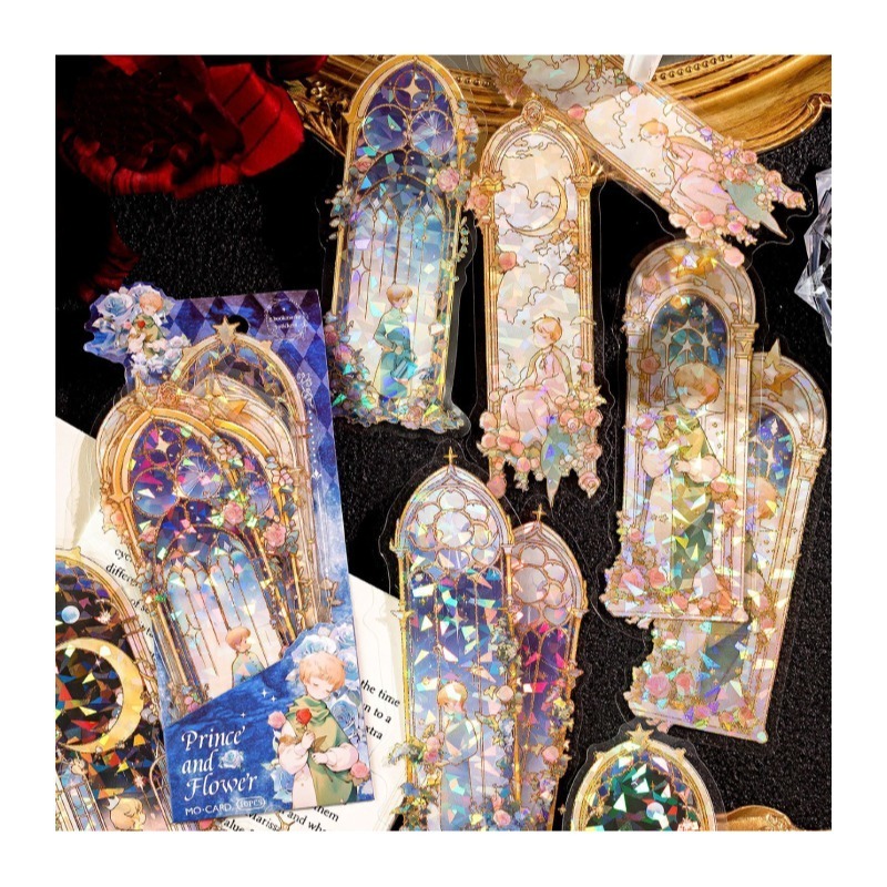 書籤 貼紙 浪漫星河書籤貼紙組 冰晶 貝殼光 燙金 燙銀 鯨魚 貓咪 玫瑰-細節圖5