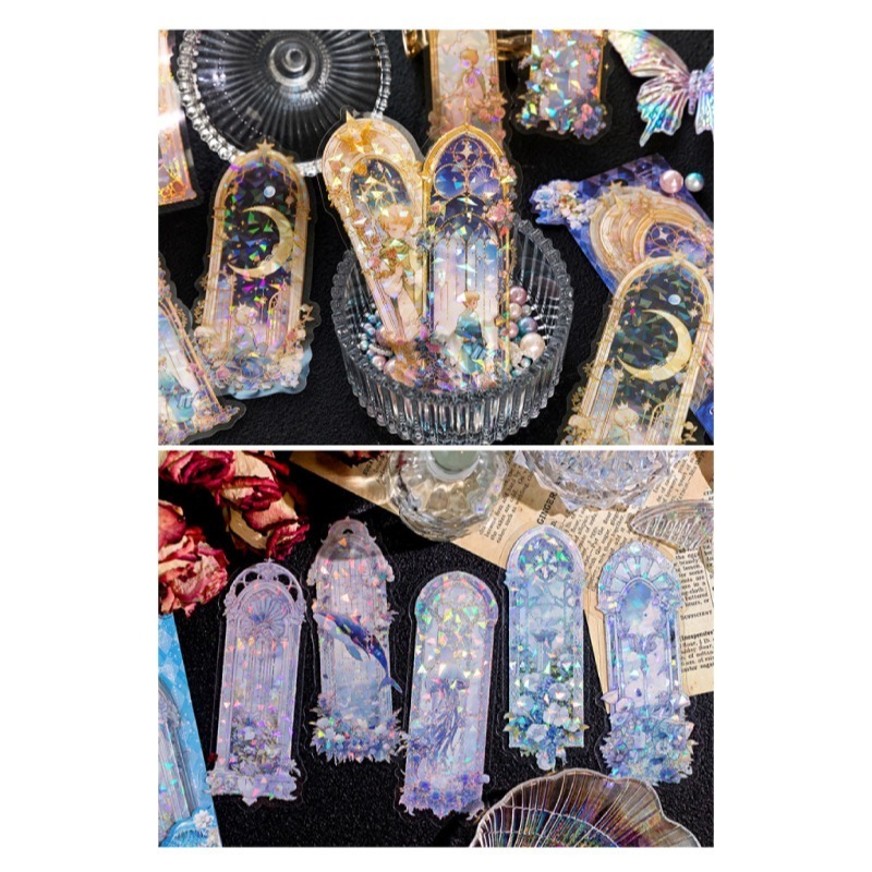 書籤 貼紙 浪漫星河書籤貼紙組 冰晶 貝殼光 燙金 燙銀 鯨魚 貓咪 玫瑰-細節圖6