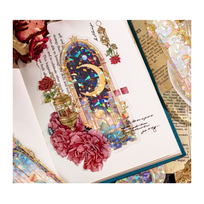 書籤 貼紙 浪漫星河書籤貼紙組 冰晶 貝殼光 燙金 燙銀 鯨魚 貓咪 玫瑰-細節圖7