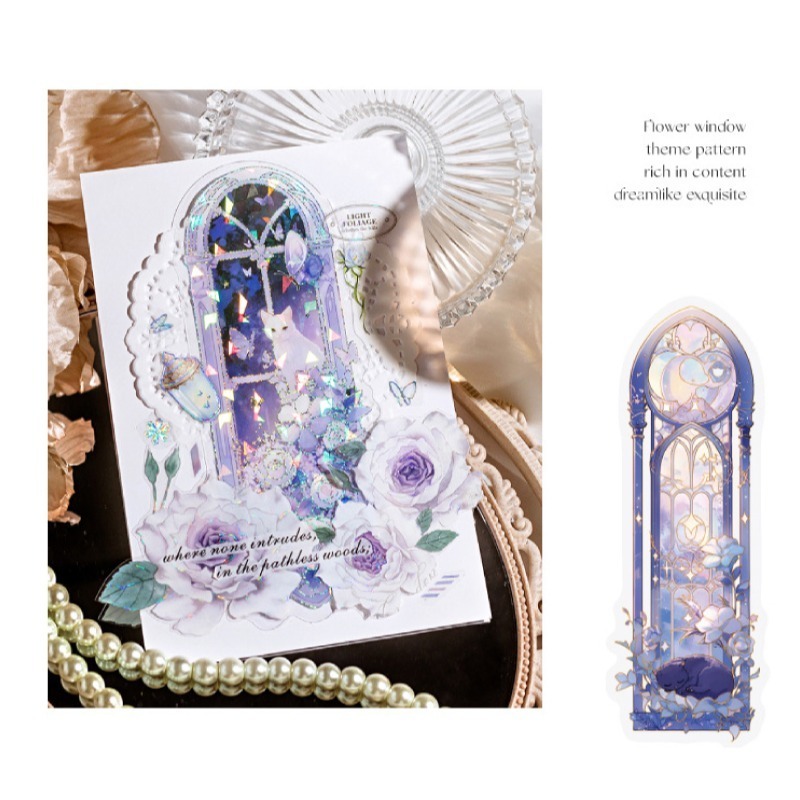 書籤 貼紙 浪漫星河書籤貼紙組 冰晶 貝殼光 燙金 燙銀 鯨魚 貓咪 玫瑰-細節圖8