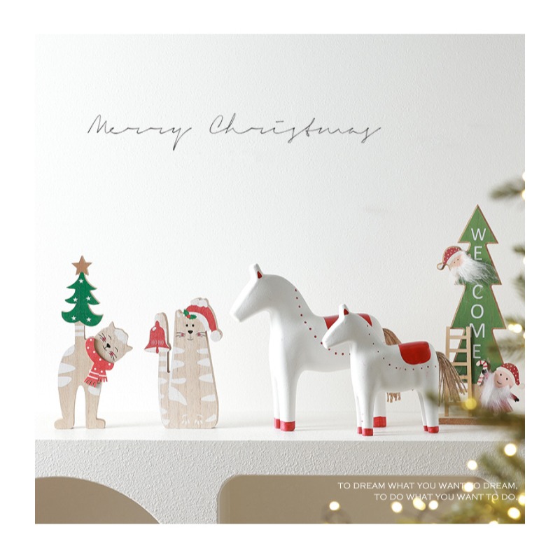 快速出貨 聖誕擺飾 貓咪一起過聖誕 桌上擺飾 聖誕樹貓 鈴鐺貓 木頭擺飾-細節圖2