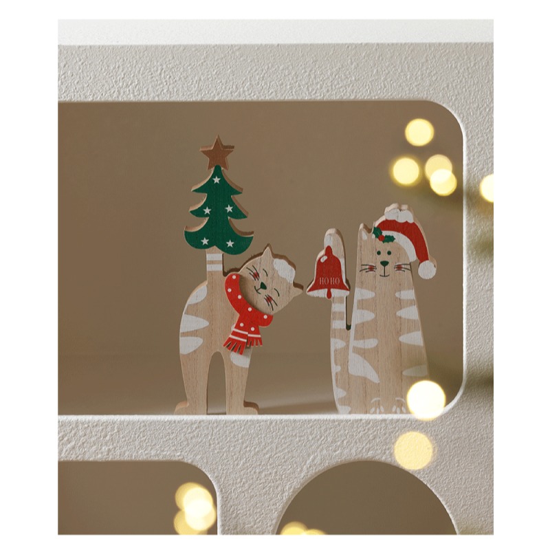 快速出貨 聖誕擺飾 貓咪一起過聖誕 桌上擺飾 聖誕樹貓 鈴鐺貓 木頭擺飾-細節圖4