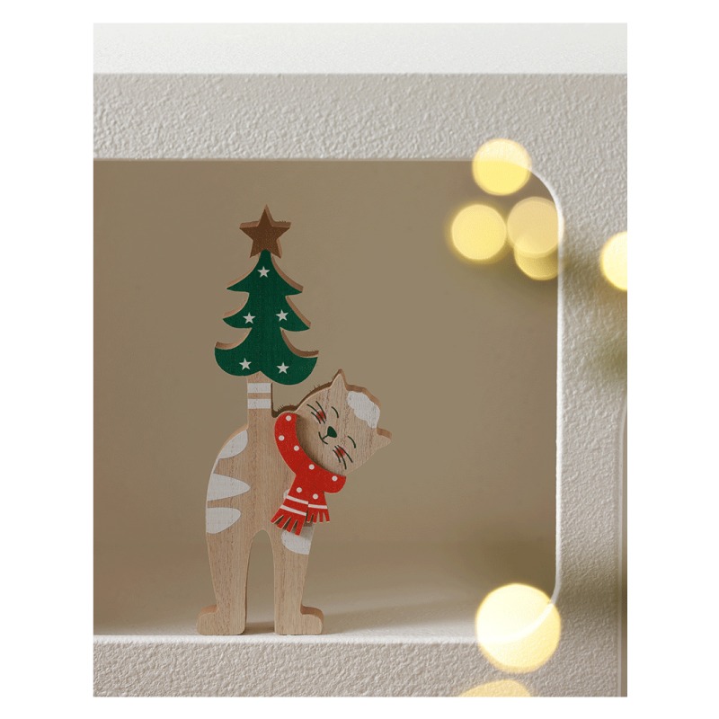 快速出貨 聖誕擺飾 貓咪一起過聖誕 桌上擺飾 聖誕樹貓 鈴鐺貓 木頭擺飾-細節圖5