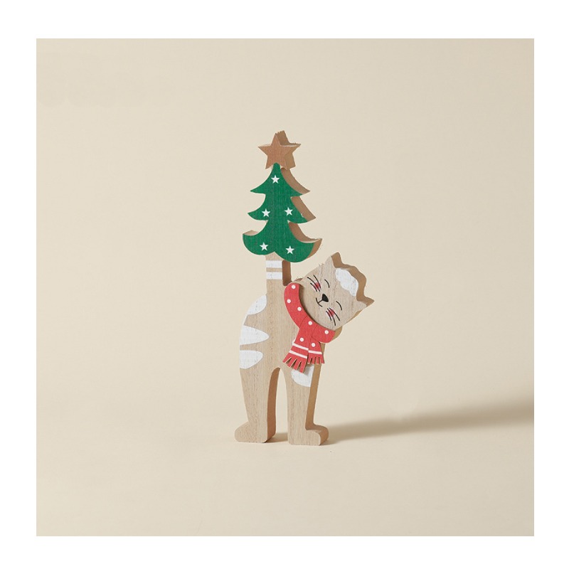快速出貨 聖誕擺飾 貓咪一起過聖誕 桌上擺飾 聖誕樹貓 鈴鐺貓 木頭擺飾-細節圖6