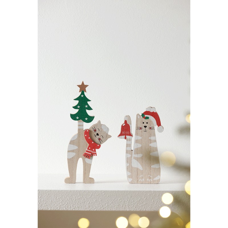 快速出貨 聖誕擺飾 貓咪一起過聖誕 桌上擺飾 聖誕樹貓 鈴鐺貓 木頭擺飾-細節圖8