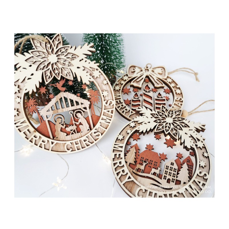快速出貨 聖誕裝飾 溫馨的聖誕木質掛飾 三層木頭材質 耶穌誕生 耶誕燭光 麋鹿小鎮-細節圖2