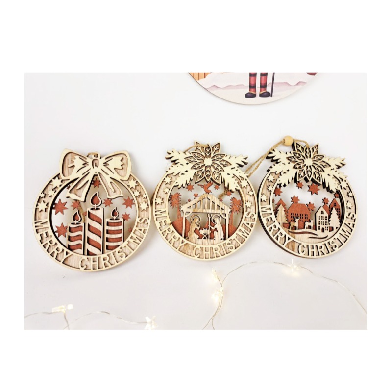 快速出貨 聖誕裝飾 溫馨的聖誕木質掛飾 三層木頭材質 耶穌誕生 耶誕燭光 麋鹿小鎮-細節圖3
