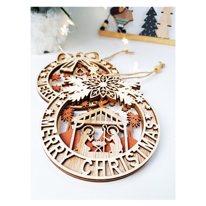 快速出貨 聖誕裝飾 溫馨的聖誕木質掛飾 三層木頭材質 耶穌誕生 耶誕燭光 麋鹿小鎮-細節圖4