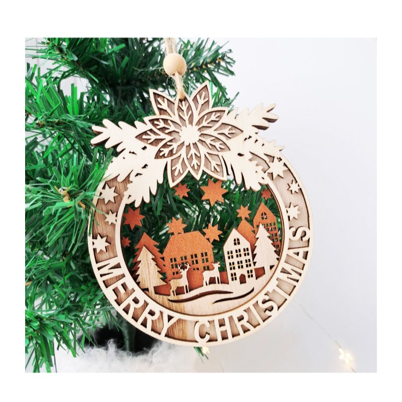 快速出貨 聖誕裝飾 溫馨的聖誕木質掛飾 三層木頭材質 耶穌誕生 耶誕燭光 麋鹿小鎮-細節圖5