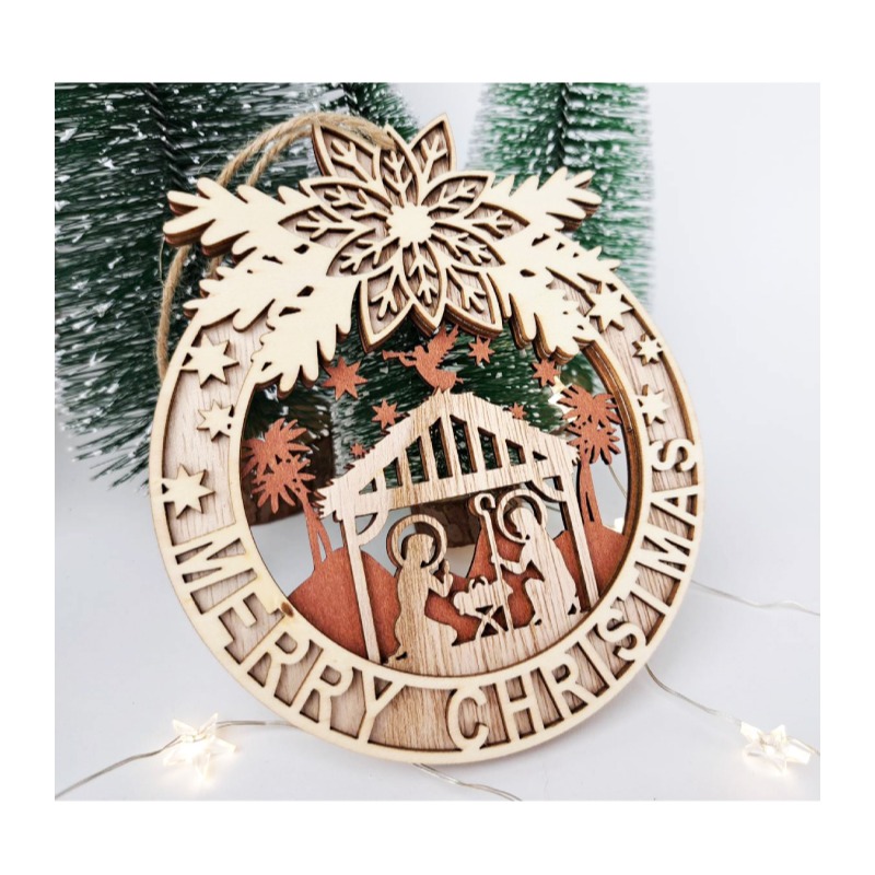 快速出貨 聖誕裝飾 溫馨的聖誕木質掛飾 三層木頭材質 耶穌誕生 耶誕燭光 麋鹿小鎮-細節圖7