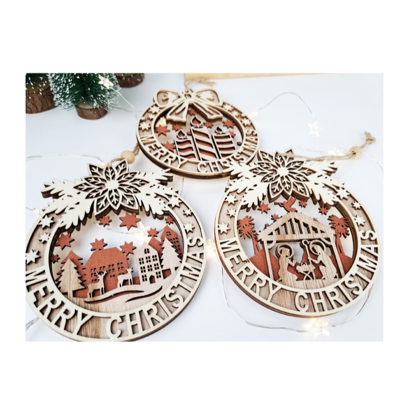 快速出貨 聖誕裝飾 溫馨的聖誕木質掛飾 三層木頭材質 耶穌誕生 耶誕燭光 麋鹿小鎮-細節圖8