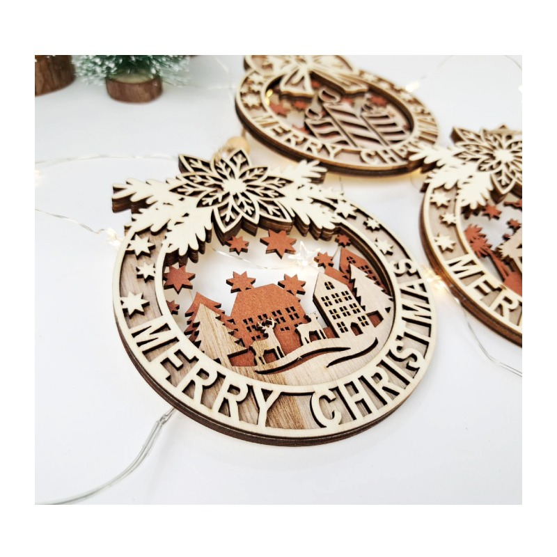 快速出貨 聖誕裝飾 溫馨的聖誕木質掛飾 三層木頭材質 耶穌誕生 耶誕燭光 麋鹿小鎮-細節圖9