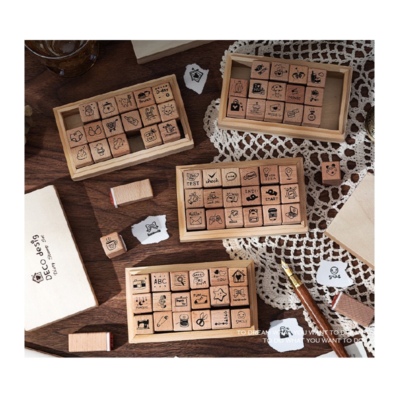 木頭印章 手帳印章 輕復古日常生活印章組 校園生活 my love today 18枚入 4款-細節圖2
