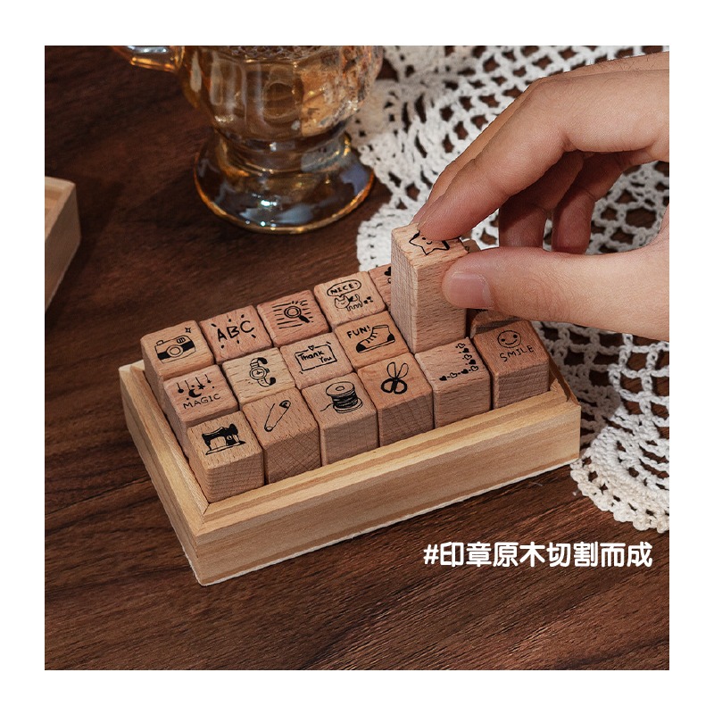 木頭印章 手帳印章 輕復古日常生活印章組 校園生活 my love today 18枚入 4款-細節圖3