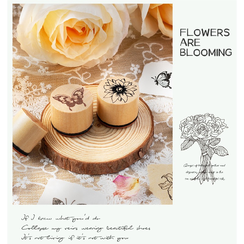 木頭印章 手帳印章 蝶戀花木頭印章組合 蝴蝶 花朵 蕾絲 圓柱狀 8枚入 3款-細節圖3