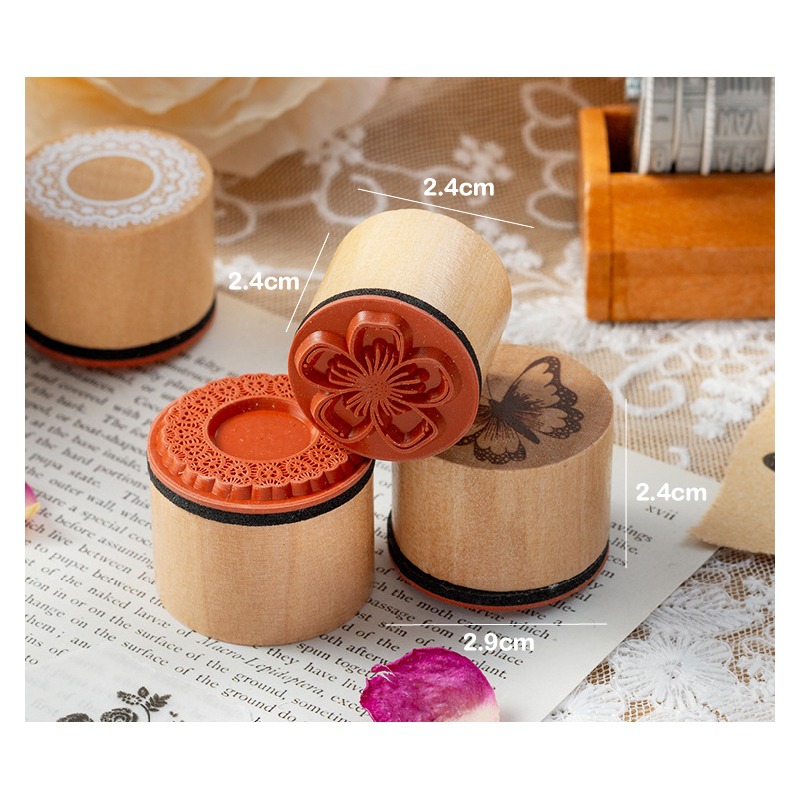 木頭印章 手帳印章 蝶戀花木頭印章組合 蝴蝶 花朵 蕾絲 圓柱狀 8枚入 3款-細節圖4