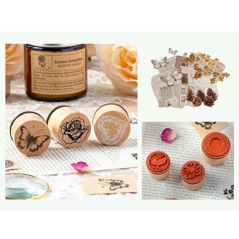 木頭印章 手帳印章 蝶戀花木頭印章組合 蝴蝶 花朵 蕾絲 圓柱狀 8枚入 3款-細節圖5