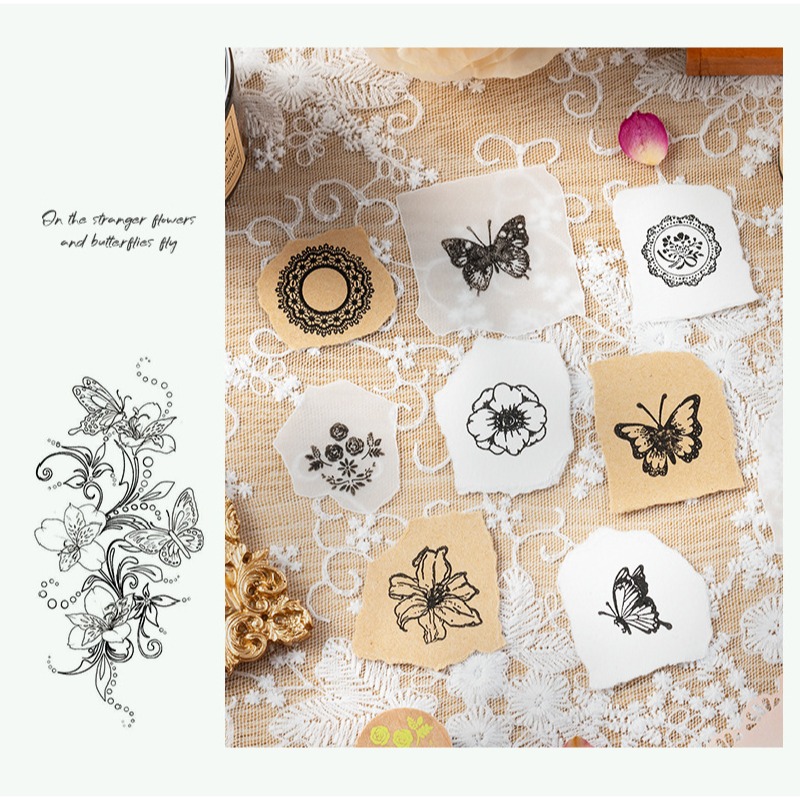 木頭印章 手帳印章 蝶戀花木頭印章組合 蝴蝶 花朵 蕾絲 圓柱狀 8枚入 3款-細節圖6