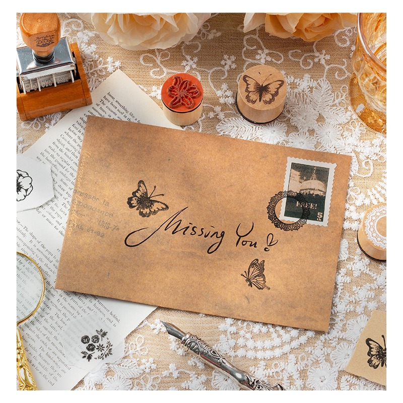 木頭印章 手帳印章 蝶戀花木頭印章組合 蝴蝶 花朵 蕾絲 圓柱狀 8枚入 3款-細節圖8