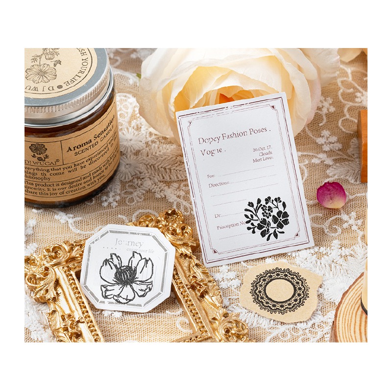 木頭印章 手帳印章 蝶戀花木頭印章組合 蝴蝶 花朵 蕾絲 圓柱狀 8枚入 3款-細節圖9