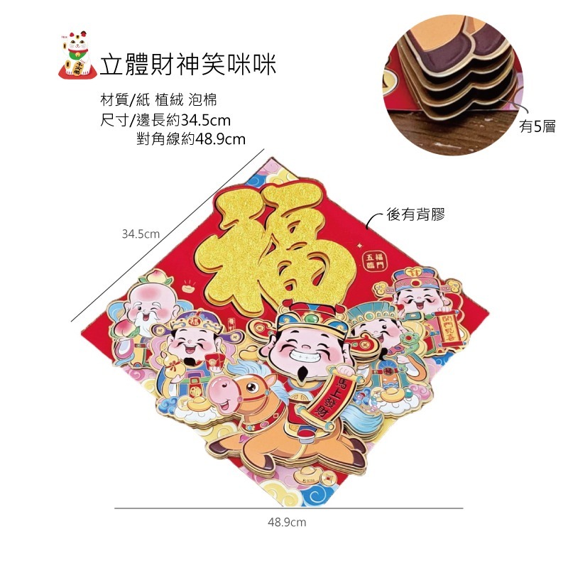 春聯 對聯 門貼 農曆新年 立體新年門貼 招財貓 五路財神 福到了 有背膠 閃亮亮 喜慶-規格圖9