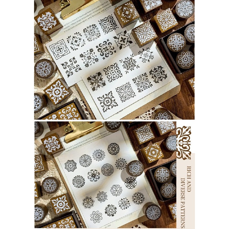 木頭印章 手作印章 手帳印章 復古花磚 整組 8枚 櫸木 圓形 方形-細節圖7