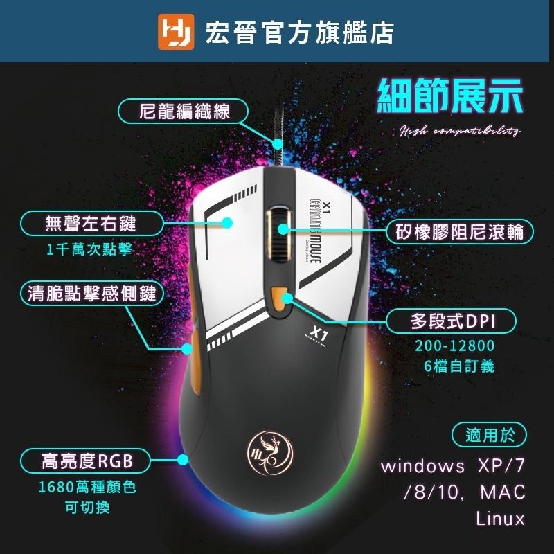 宏晉 可編程靜音滑鼠 RGB電競滑鼠 自訂義巨集滑鼠 有線電競滑鼠 1.8M 有線滑鼠-細節圖8