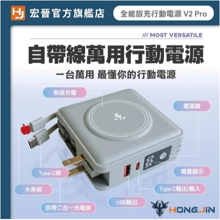 宏晉 全能旅充行動電源 V2 Pro 15000mAh 磁吸自帶線快充行動電源 USB Type-C 充電器-細節圖2