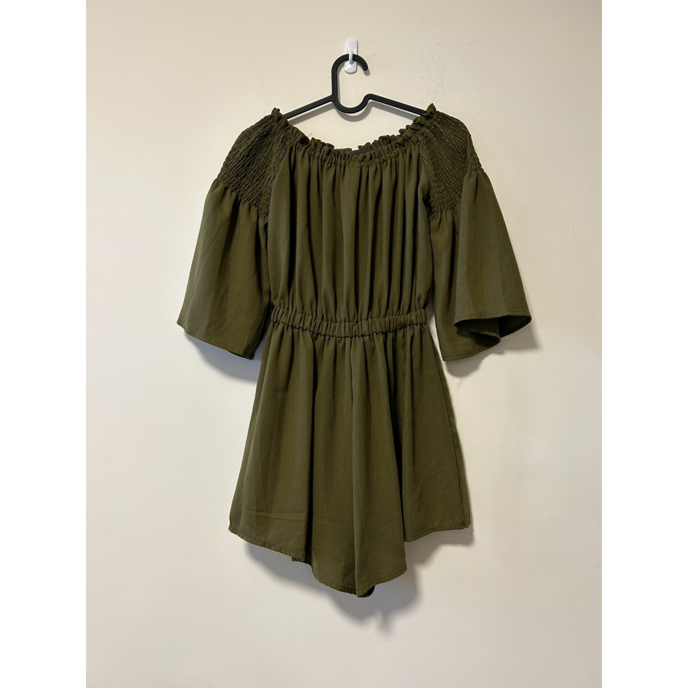 二手 - 一字領喇叭袖繫帶收腰顯瘦連身褲 綠-細節圖2