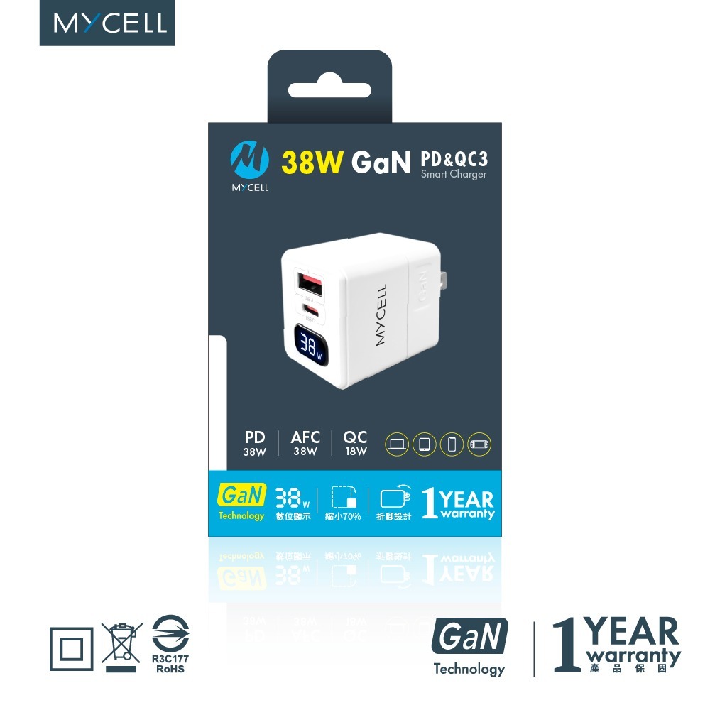 【MYCELL】38W氮化鎵 PD&QC3 數位顯示智能充電器 / MY-GDK59T-細節圖2