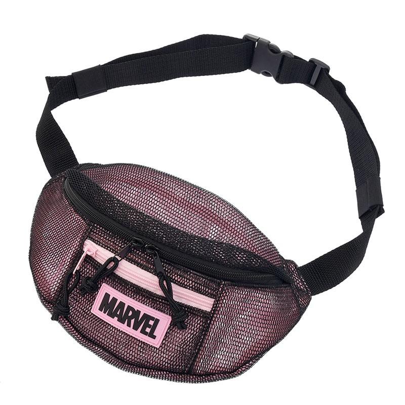 日本 Disney 漫威MARVEL 透氣網格 粉紅運動腰包 拉鍊斜背包-細節圖3