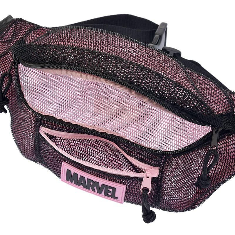 日本 Disney 漫威MARVEL 透氣網格 粉紅運動腰包 拉鍊斜背包-細節圖5