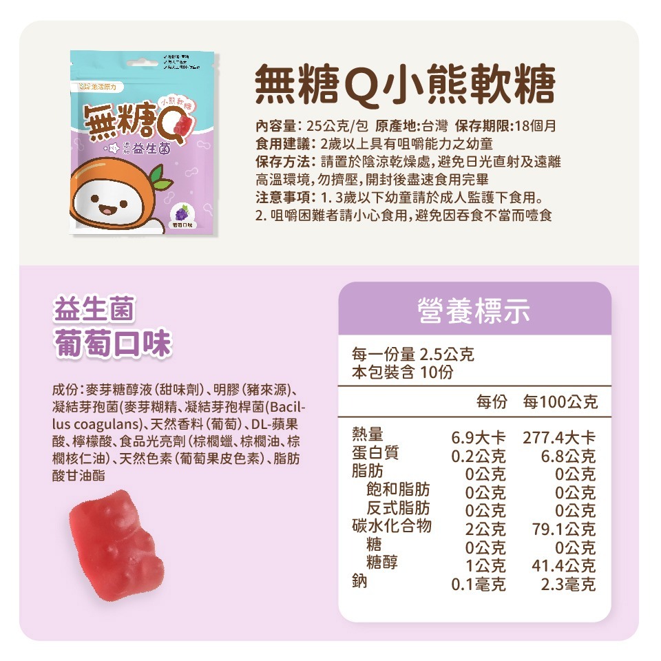 悠活原力 小悠活無糖Q小熊軟糖 益生菌 25g 葡萄口味【瑞昌藥局】020257-細節圖7