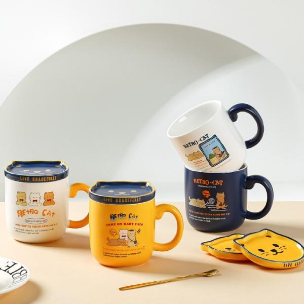 RAYRAYGO 陶瓷杯【可愛貓咪馬克杯】10款 附杯勺 貓咪馬克杯 咖啡杯 貓咪杯墊 貓咪杯蓋 杯子 水杯 交換禮物-細節圖4