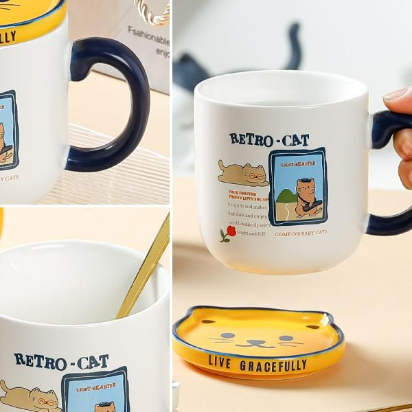 RAYRAYGO 陶瓷杯【可愛貓咪馬克杯】10款 附杯勺 貓咪馬克杯 咖啡杯 貓咪杯墊 貓咪杯蓋 杯子 水杯 交換禮物-細節圖9