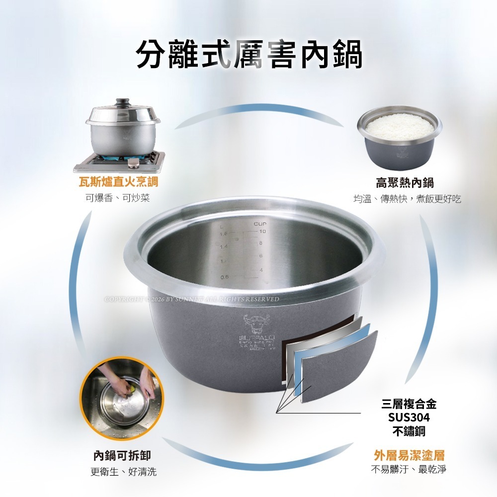 【Buffalo牛頭牌】10人份_極淨厲害電鍋_基本款 (白/可分離式牛頭鋼內鍋/304不鏽鋼)-細節圖5