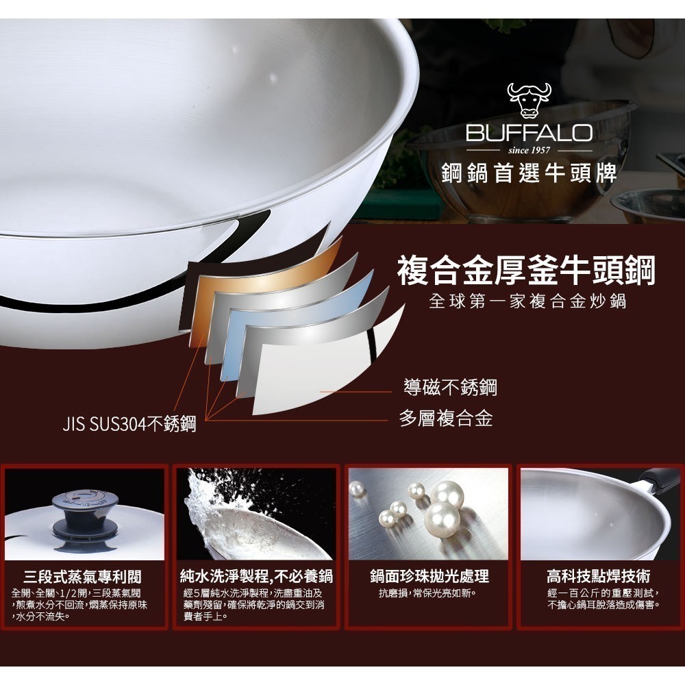 【Buffalo牛頭牌】雅登單柄炒鍋35cm送蒸層 (304不鏽鋼/中華炒鍋/炒菜鍋/蒸鍋)-細節圖3