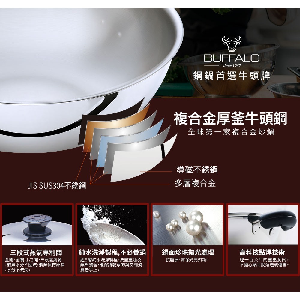 【Buffalo牛頭牌】新雅登304不鏽鋼雙耳炒鍋40cm(附專用蒸層)-細節圖3