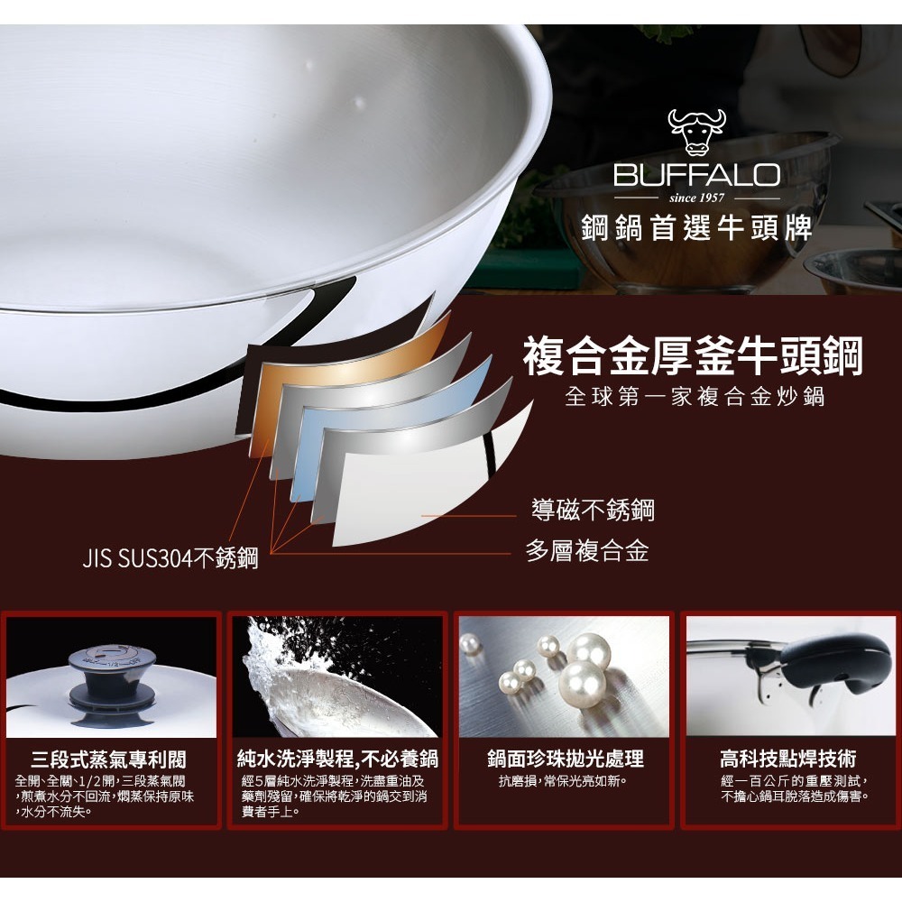 【Buffalo牛頭牌】新雅登304不鏽鋼雙耳炒鍋40cm(附專用蒸層)-細節圖3
