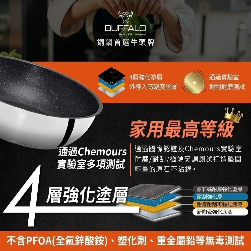 【Buffalo牛頭牌】送保鮮料理盆兩入—雅登304不鏽鋼不沾平鍋26.28cm(IH/電磁爐適用)-細節圖3