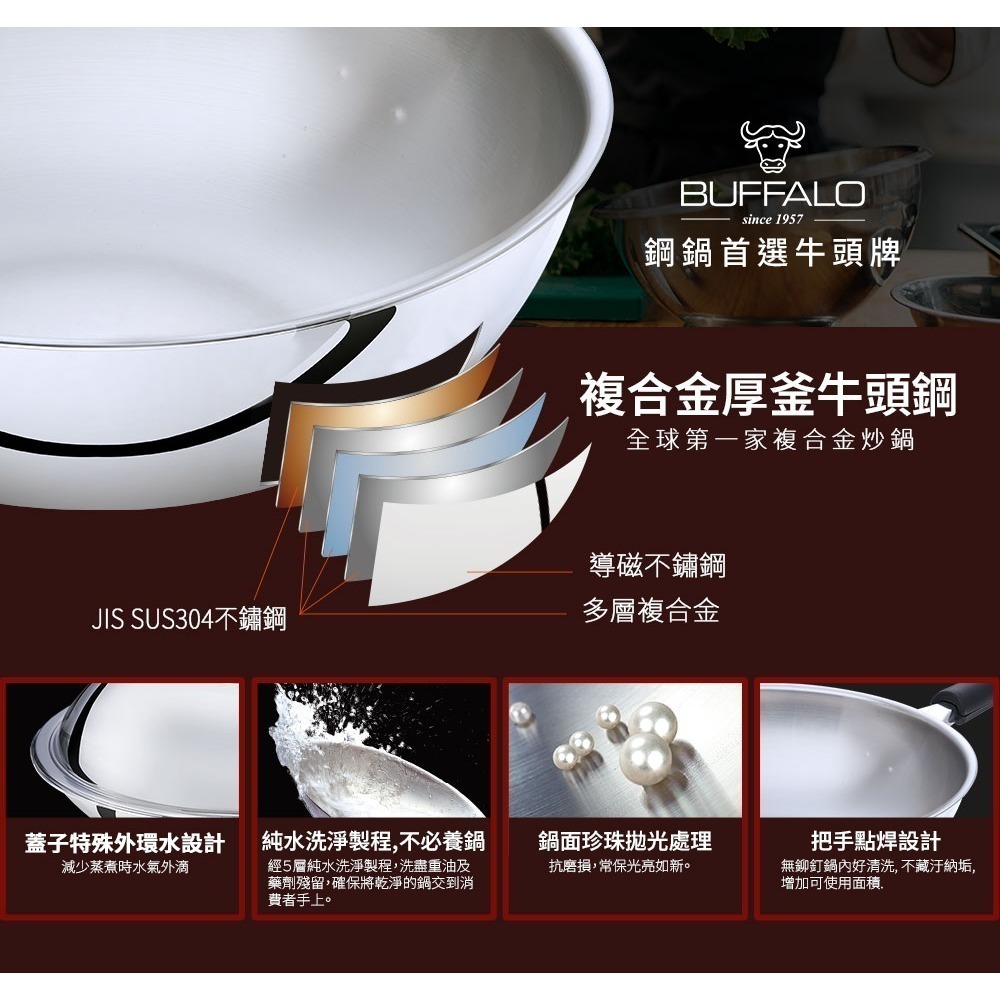 買就送茶壺5L【Buffalo牛頭牌】牛頭鋼炒鍋32cm(304不繡鋼 SGS檢驗合格 耐刮耐用 健康烹調)-細節圖4