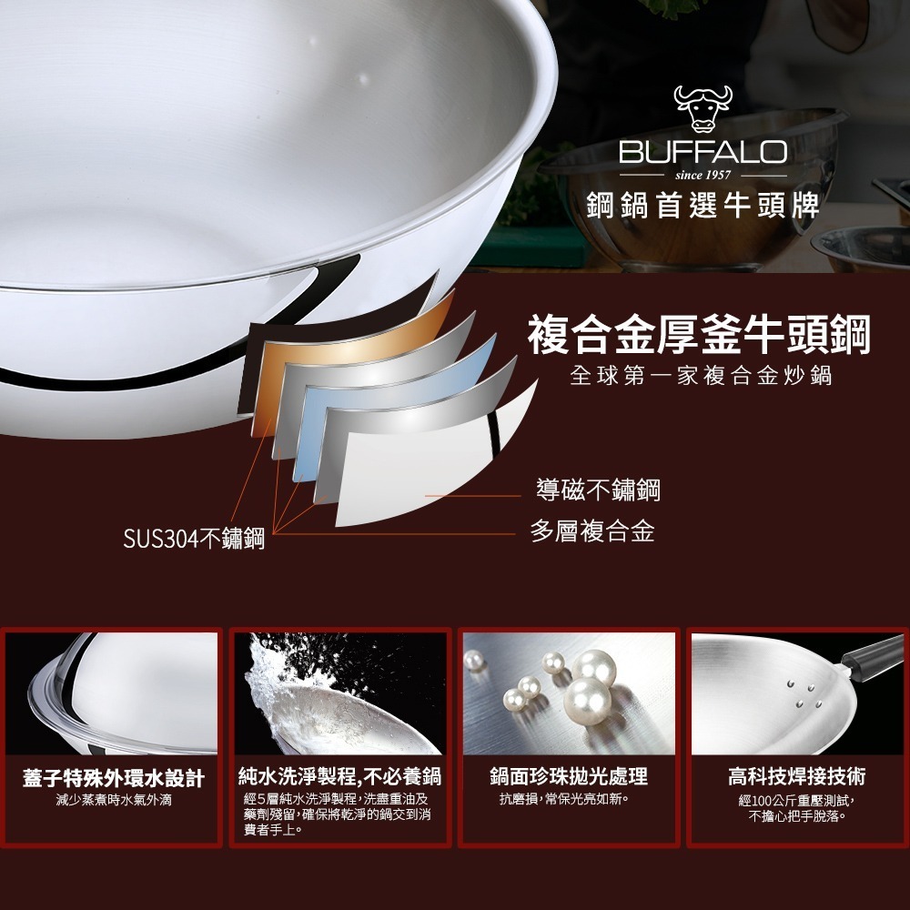 【Buffalo牛頭牌】雅登單柄炒鍋32cm (304不繡鋼/小家庭適用/SGS檢驗/耐刮耐用/中華炒鍋)-細節圖4