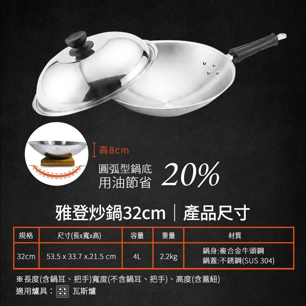 【Buffalo牛頭牌】雅登單柄炒鍋32cm (304不繡鋼/小家庭適用/SGS檢驗/耐刮耐用/中華炒鍋)-細節圖5