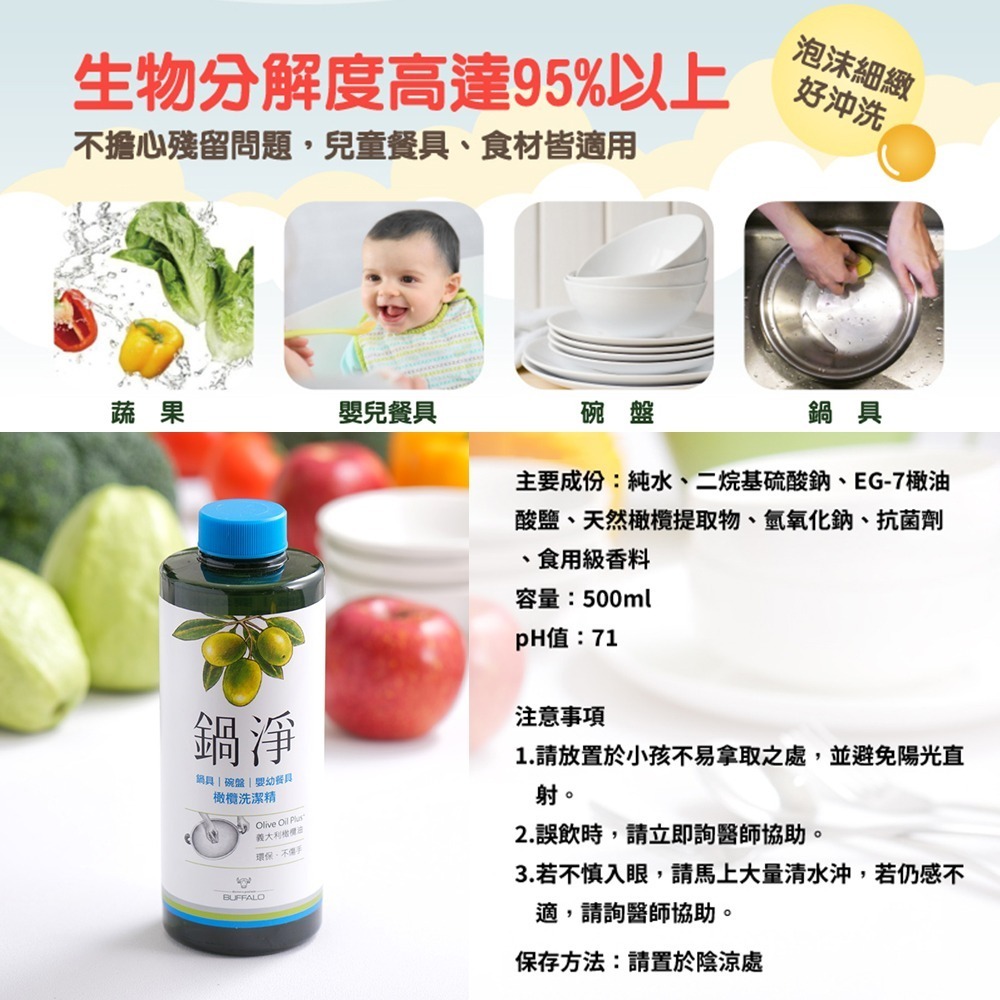 【Buffalo牛頭牌】鍋淨2瓶組｜洗碗精 清潔劑 食器和蔬果清洗 環保認證 橄欖油配方温和不傷手 無毒無添加-細節圖7