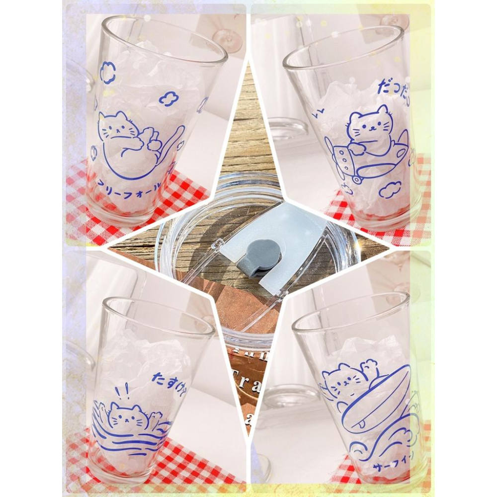 [海線日本樂園]  🔥現貨 INS風 [450ml] 貓咪創意玻璃水杯 玻璃吸管 家用果汁牛奶早餐杯-細節圖2